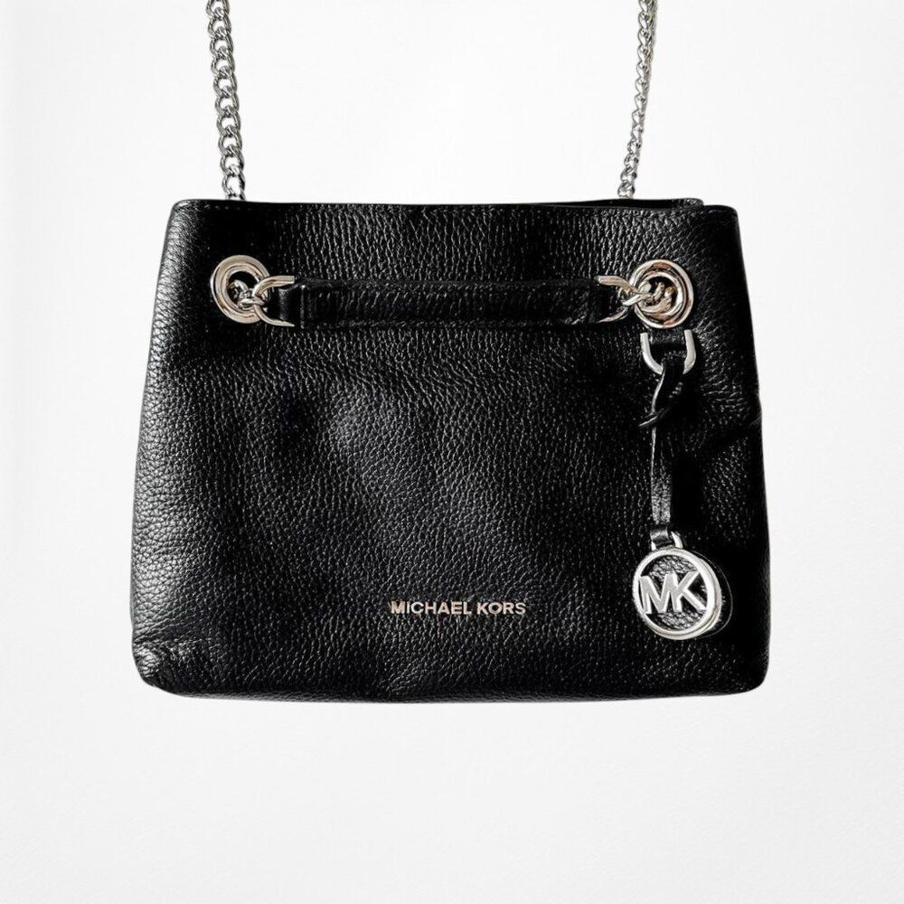 Michael-Kors Black Leather Gold Chain Hardware Rectangle Medium Crossbody Bag